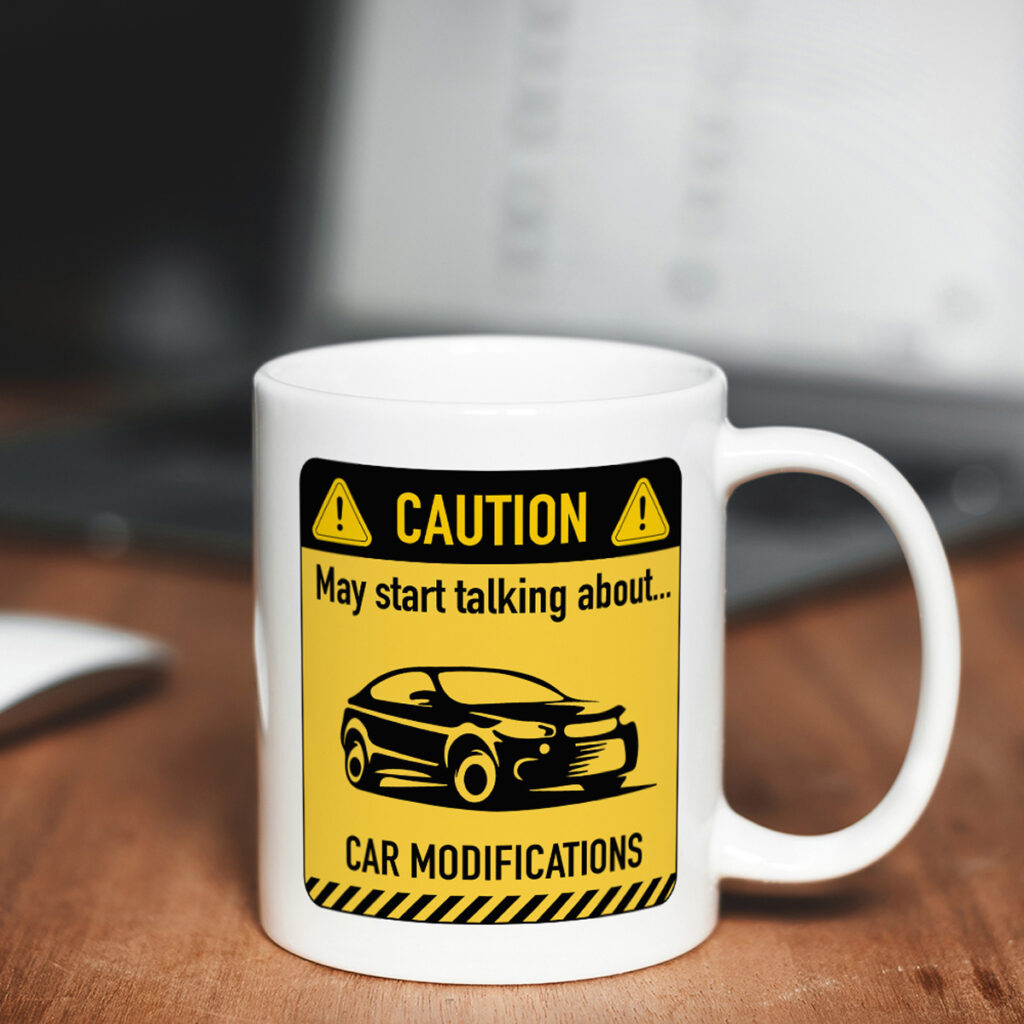 Car Modifications Caution Sign Mug - White with Yellow Design