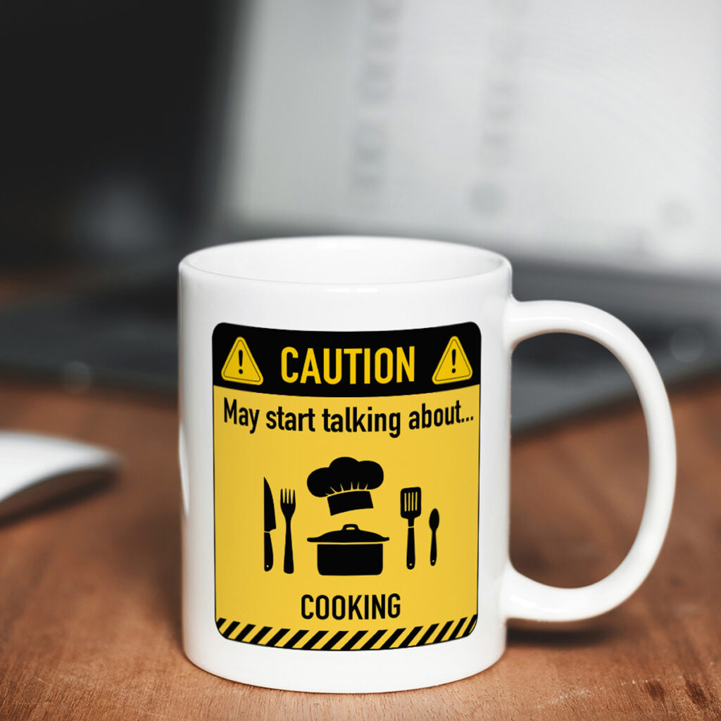 Caution Cooking Talk Mug - Fun Chef Gift with Warning Sign