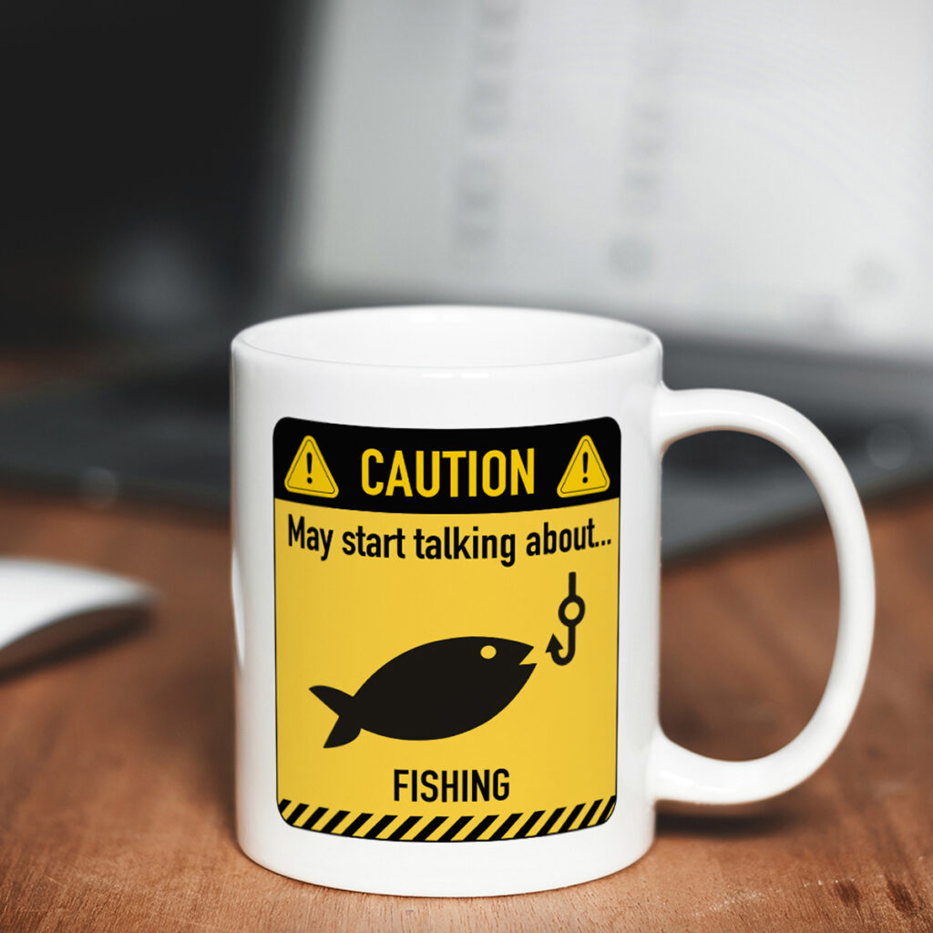 Fishing Caution Sign White Mug - Fun Gift for Anglers