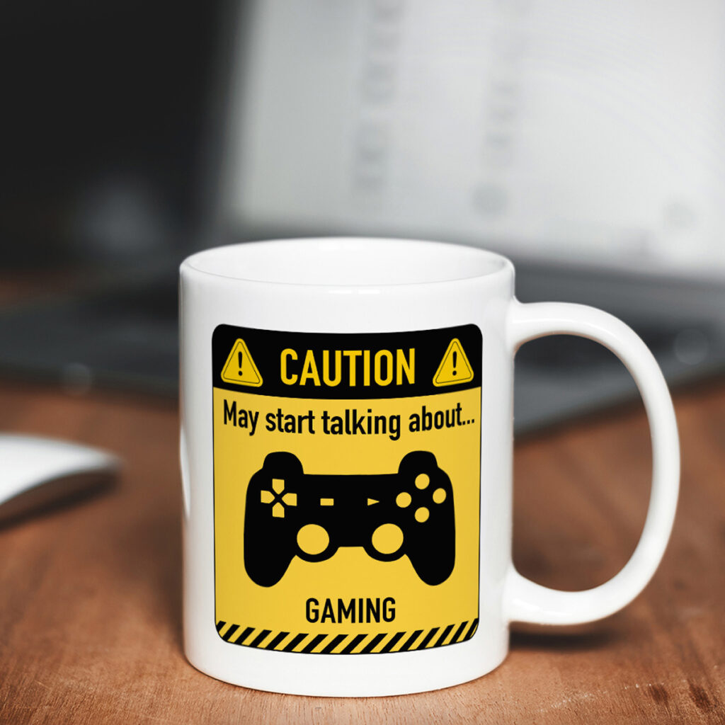 White Mug with Gaming Caution Sign - Game Controller Design