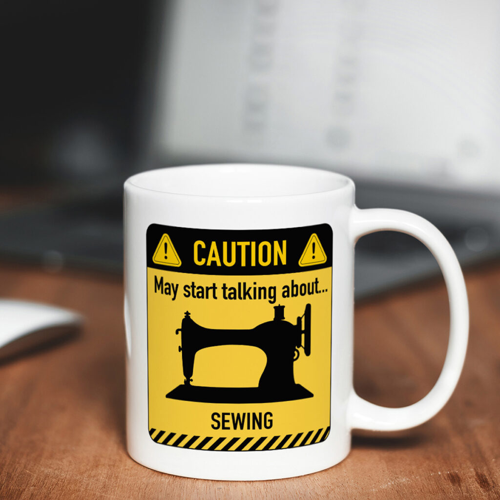 Caution Sewing Mug - White with Yellow Warning Design