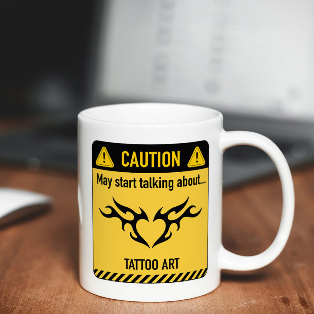 White Mug with Tattoo Art Caution Sign Design