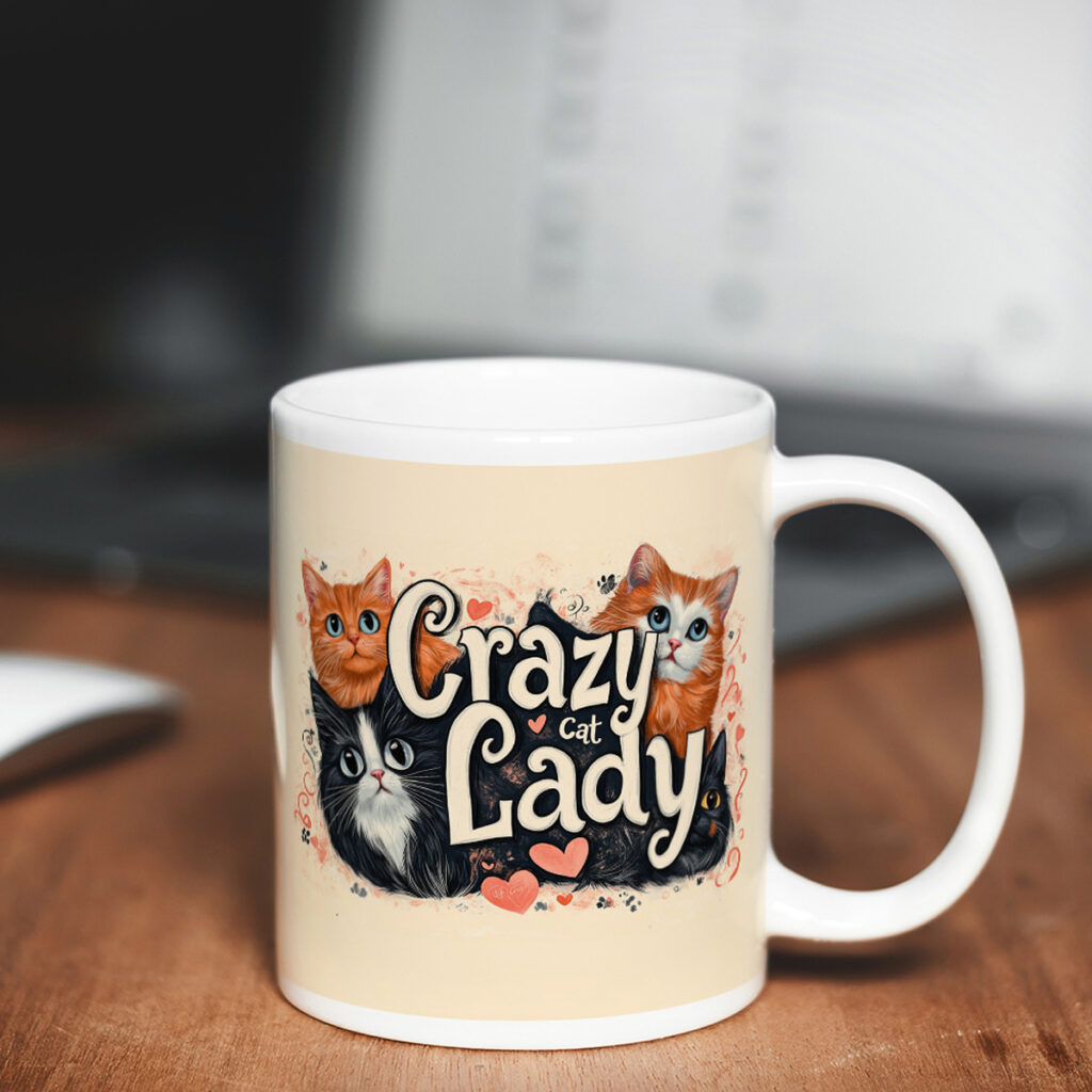Crazy Cat Lady Ceramic Mug with Cat Illustrations