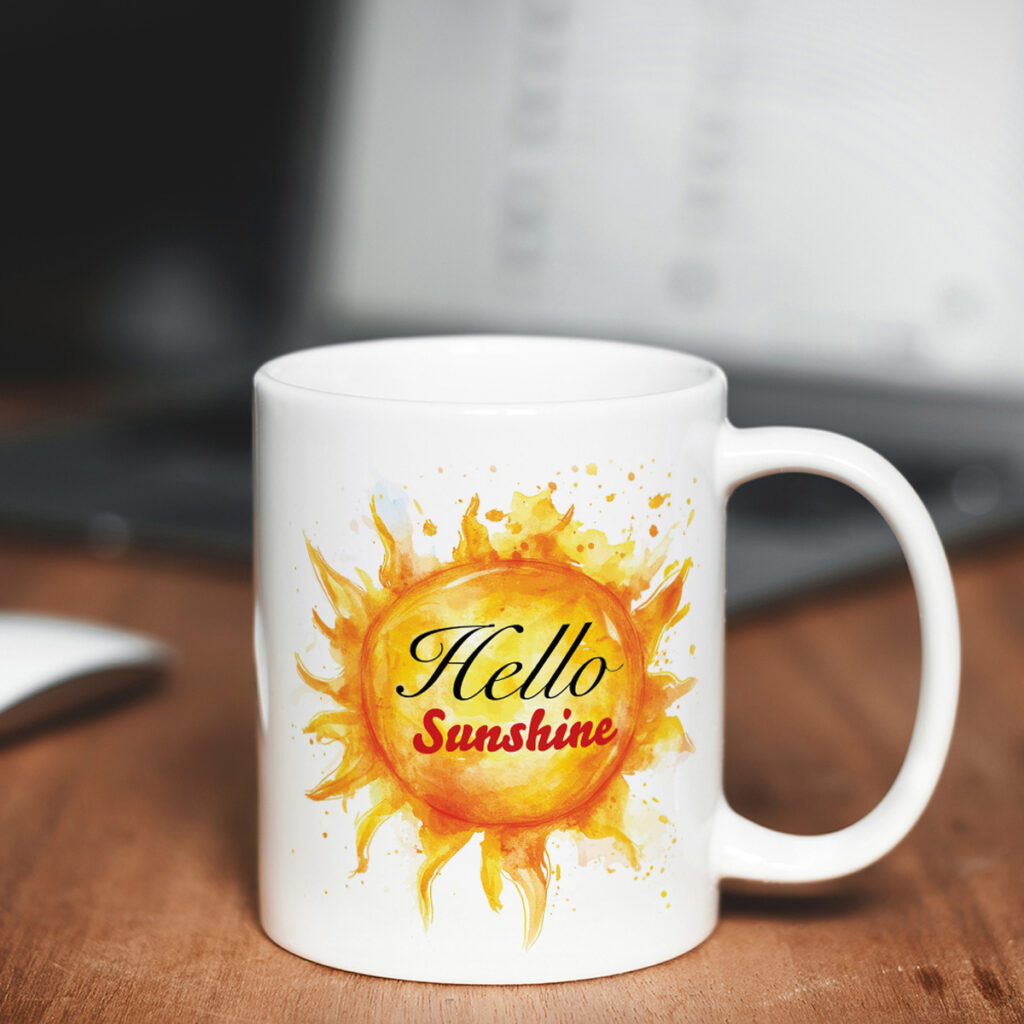 Hello Sunshine Watercolor Sun Mug - Vibrant Design