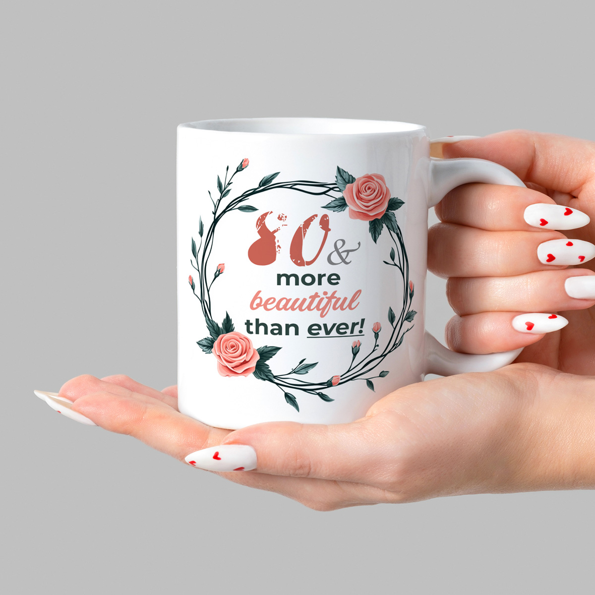 80th Birthday Floral Mug - Pink Roses & Green Leaves