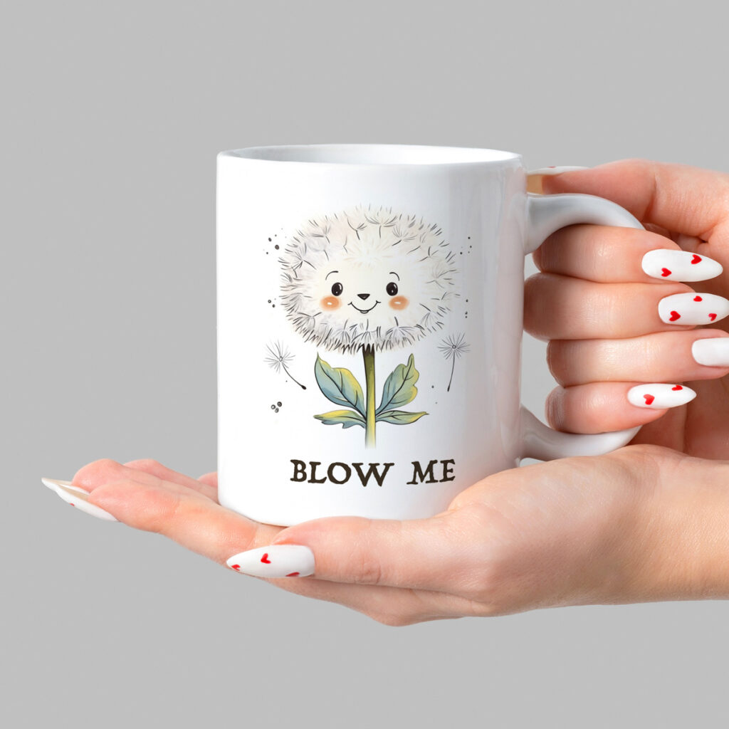 White Mug with Cute Dandelion 'Blow Me' Design