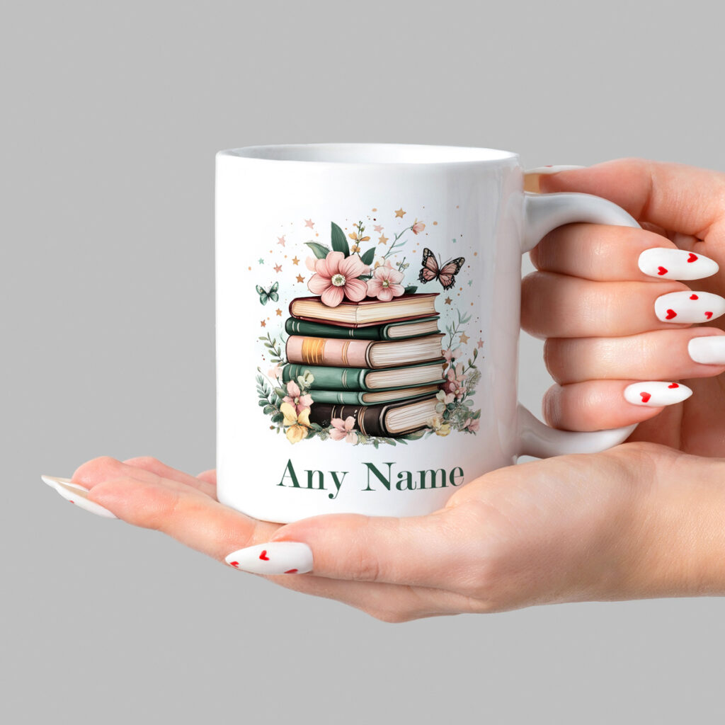 Customizable Book Lover Mug with Flowers & Butterflies