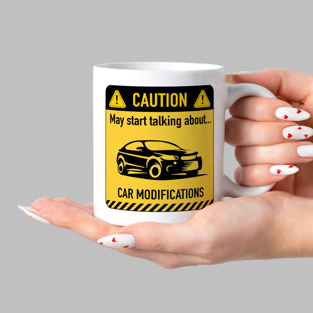 Car Modifications Caution Sign Mug - White with Yellow Design