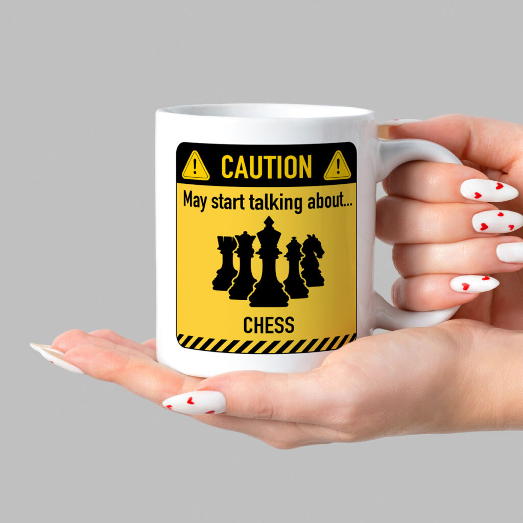 Chess Talk Caution Sign White Mug - Fun Gift for Chess Lovers
