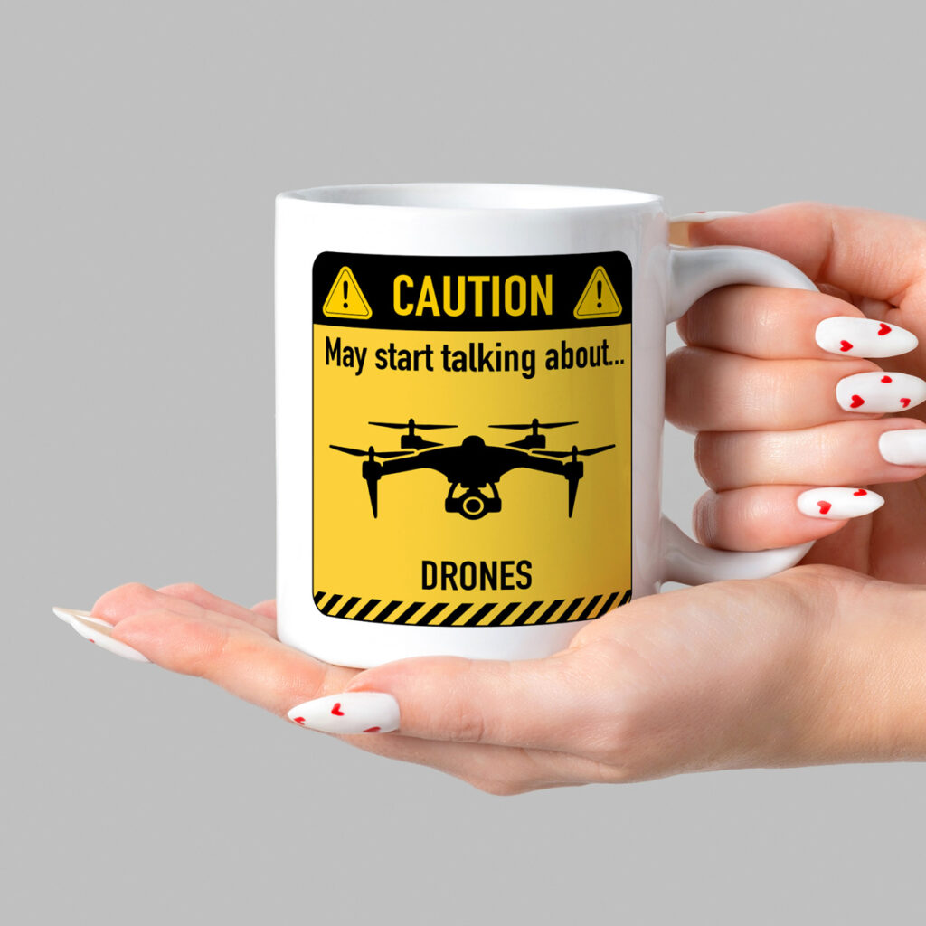 White Mug with Caution Sign - Drone Talk Warning