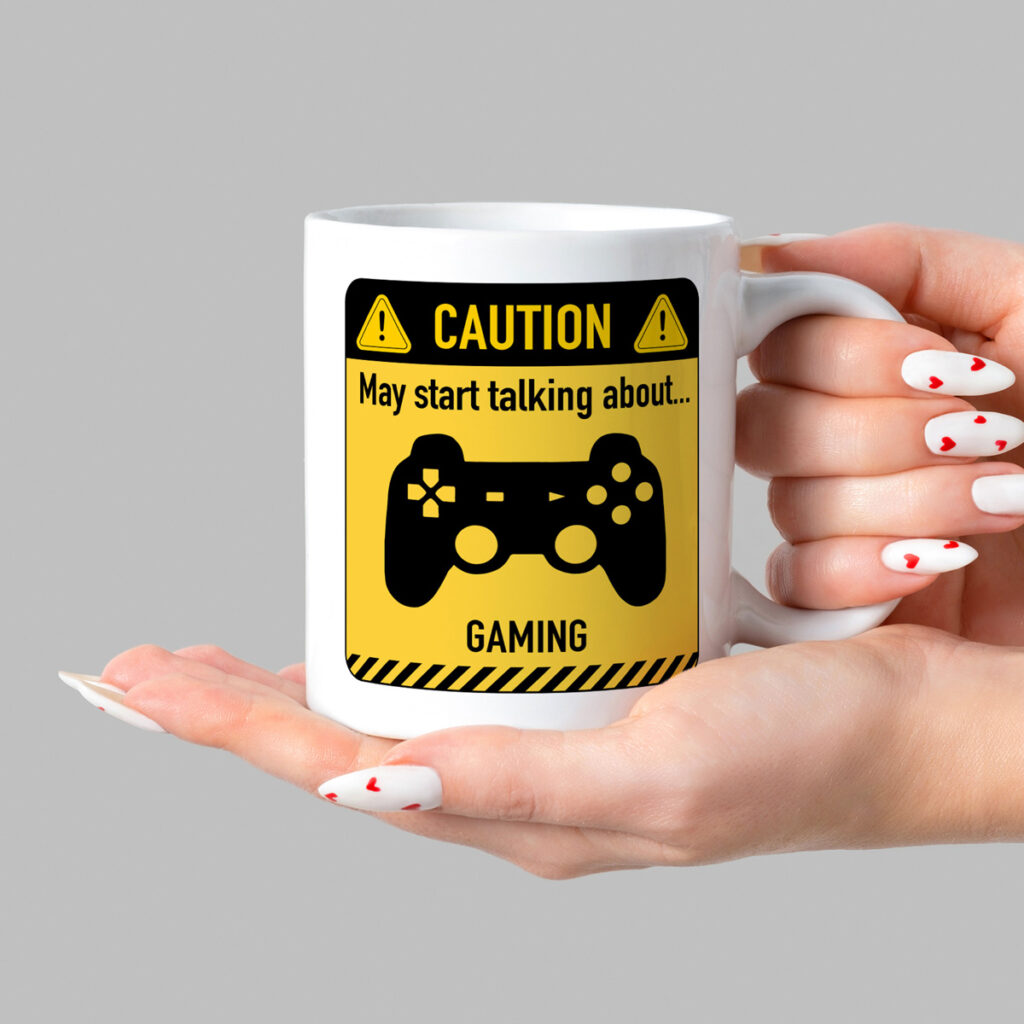 White Mug with Gaming Caution Sign - Game Controller Design