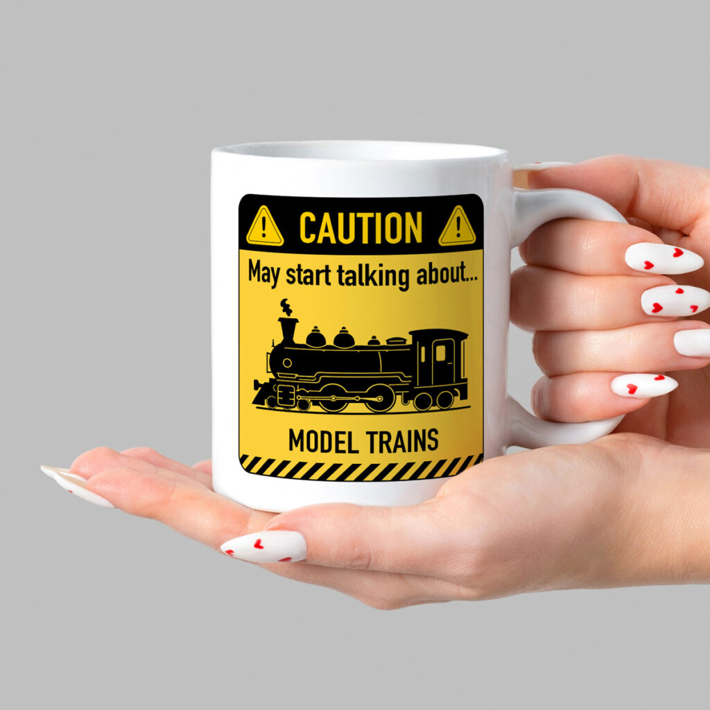 Model Train Warning Sign Mug - White, Yellow & Black Design