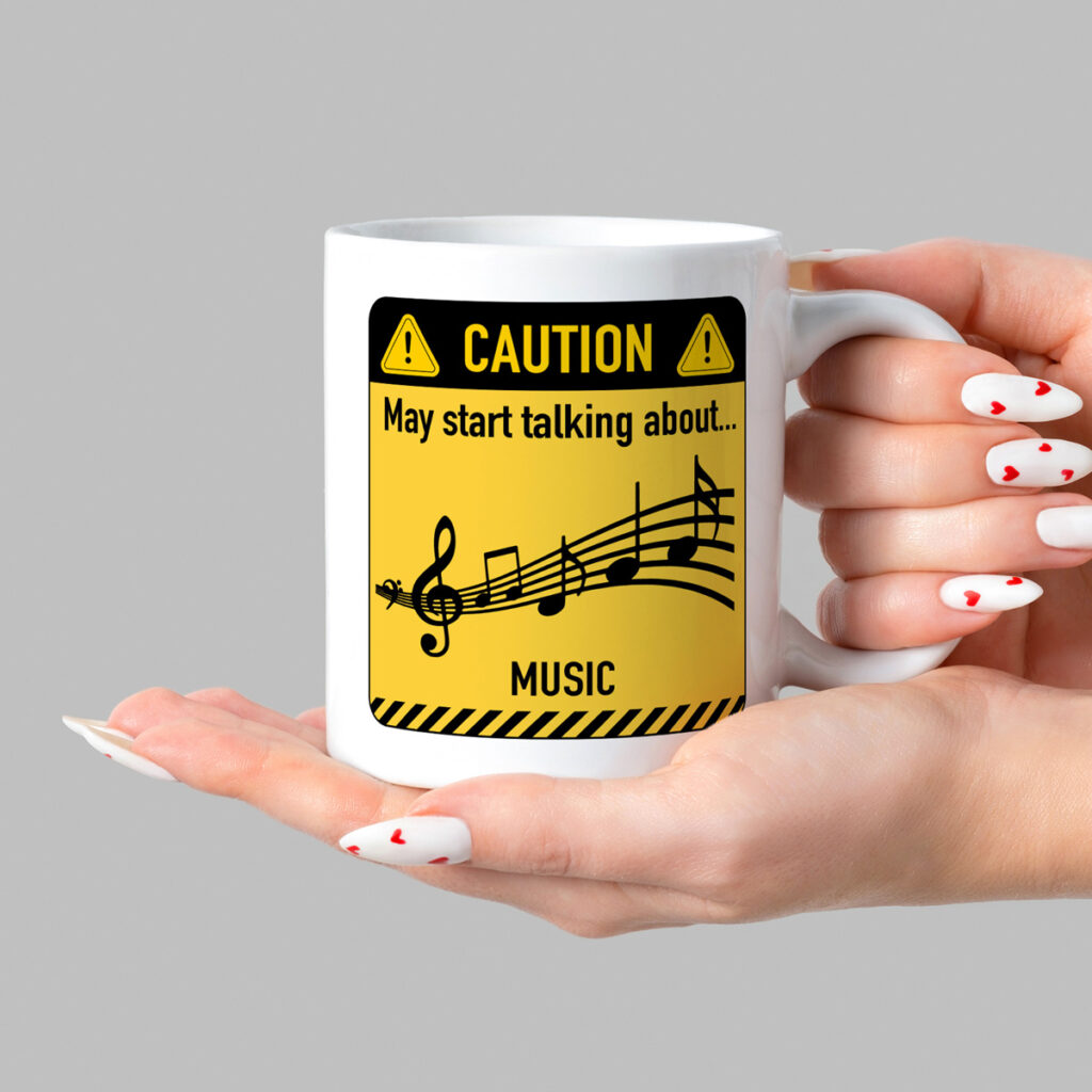 White Mug with Caution Sign & Music Notes Design