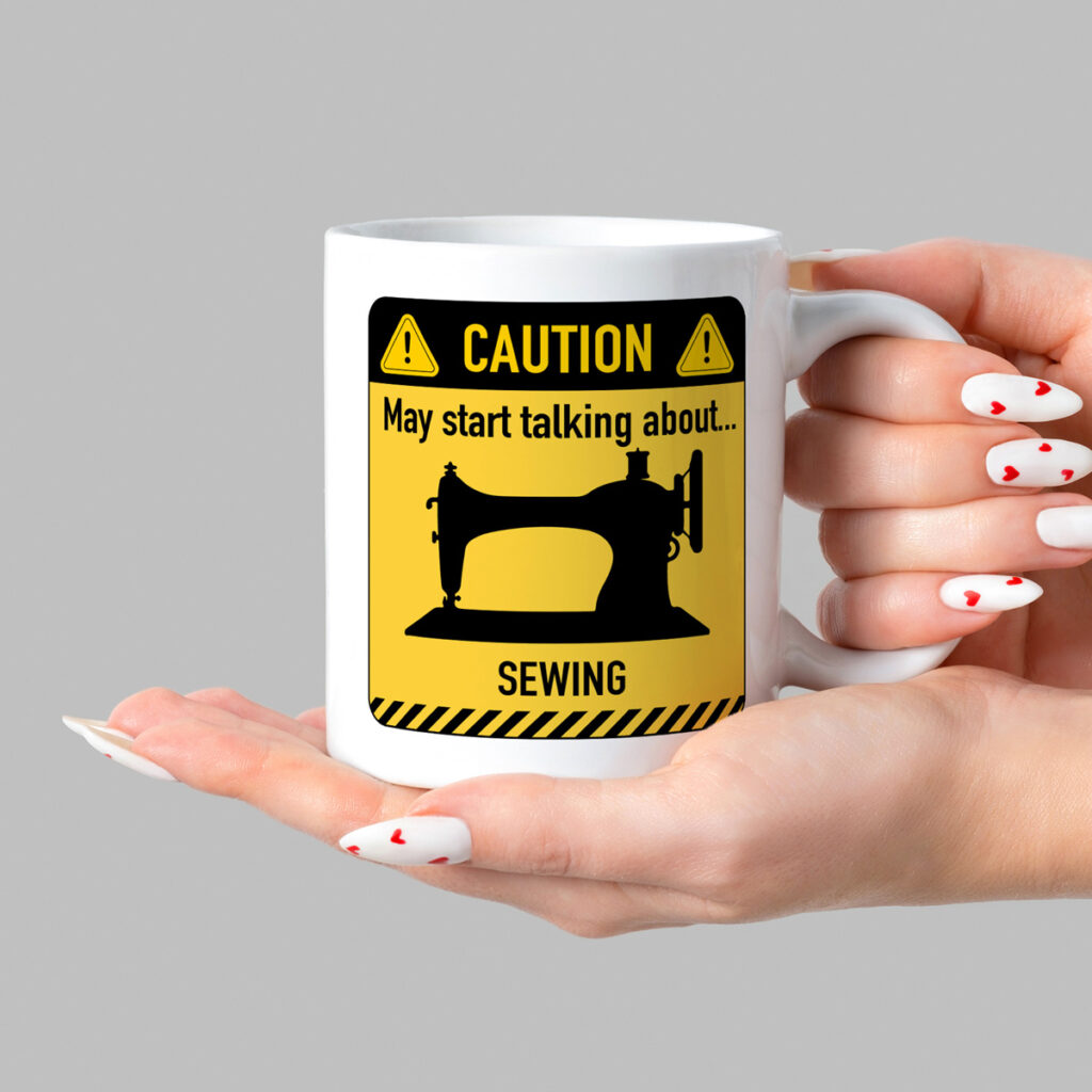 Caution Sewing Mug - White with Yellow Warning Design