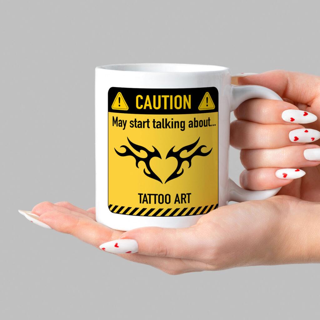 White Mug with Tattoo Art Caution Sign Design