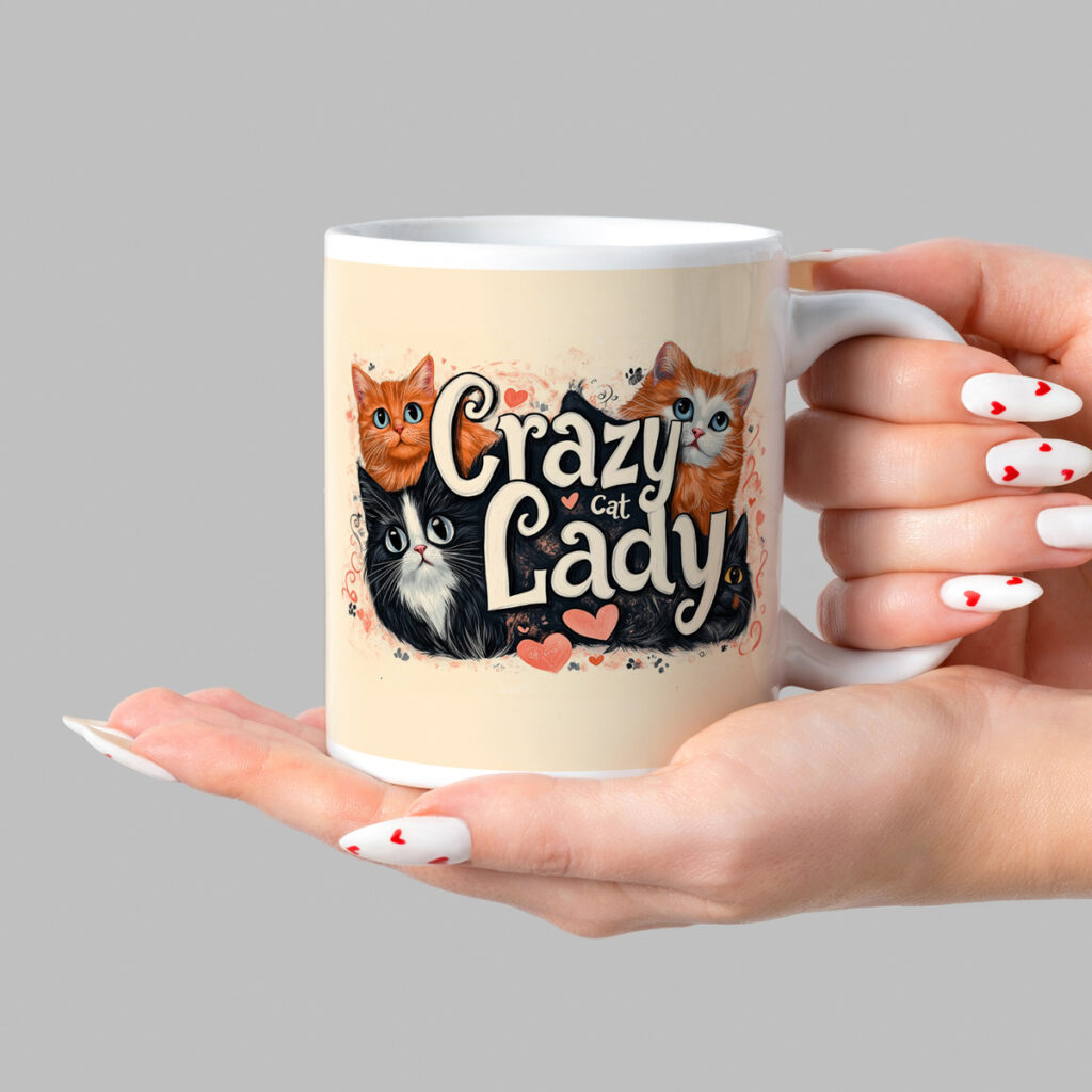 Crazy Cat Lady Ceramic Mug with Cat Illustrations