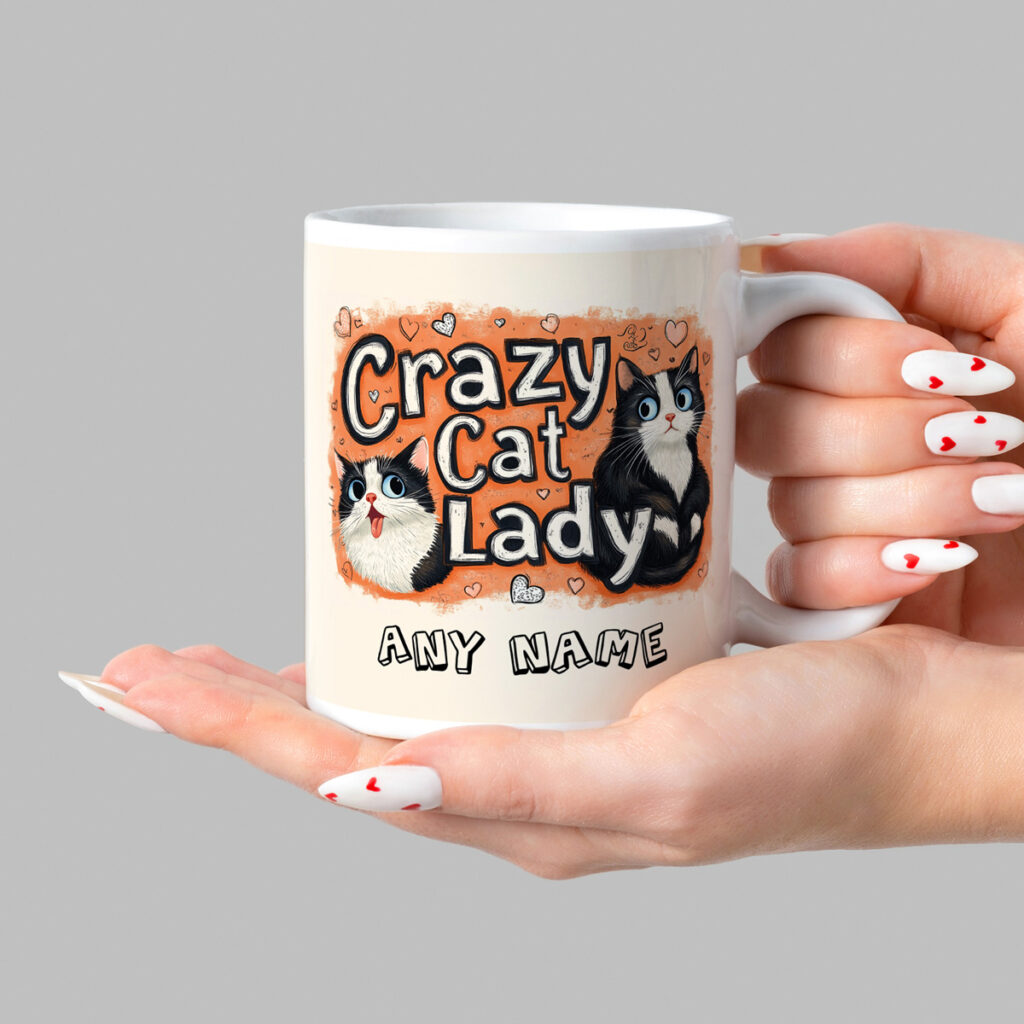 Custom Crazy Cat Lady Mug with Cats & Hearts Design