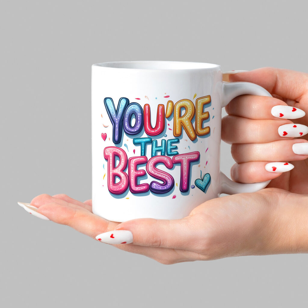 White Mug with 'YOU'RE THE BEST' Colorful Text & Hearts
